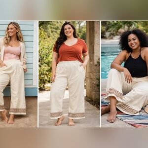 Cupshe Boho Embroidered 100% Cotton Beach Pants Cream Beige XL NWT